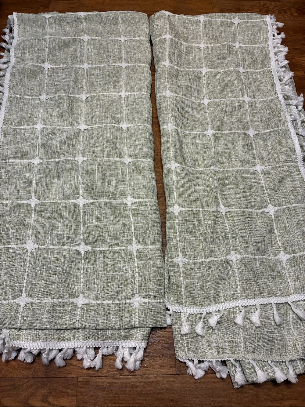 Colorigan Sage Green Window Curtain Panels with White Grid and Tassel Trim 1 Pr